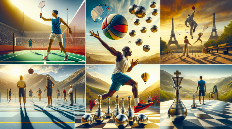 Illustration dynamique : match de badminton, joueur de basket en dunk, jeu de boules et base-jump en montagne.