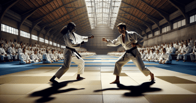 Illustration : Combat de Judo en intérieur, athlètes en action, tatami en premier plan, spectateurs flous en arrière-plan.