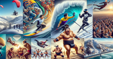 Illustration diversifiée des sports en S : ski, surf, sumo, chute libre.