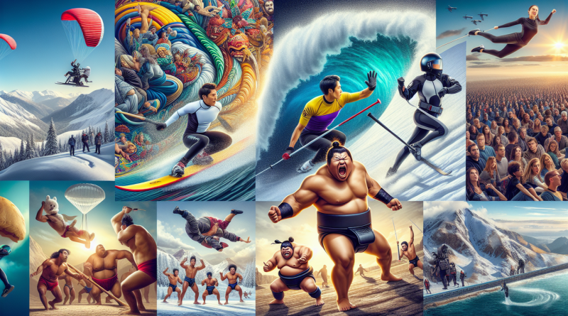 Illustration diversifiée des sports en S : ski, surf, sumo, chute libre.