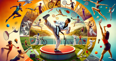 Affiche sport en T : Taekwondo, tennis, tennis de table, triathlon, tai chi, trampoline.