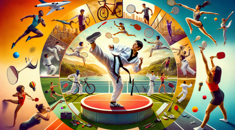 Affiche sport en T : Taekwondo, tennis, tennis de table, triathlon, tai chi, trampoline.