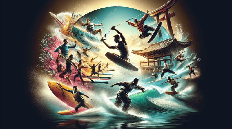 Illustration artistique du sport en W : wakeboarding, windsurf, wushu, dans un décor dynamique.