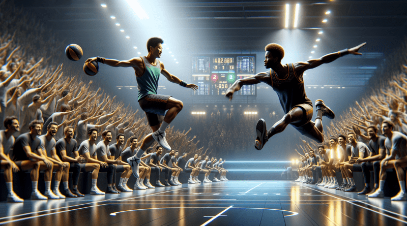 Capture de joueurs de sport en X en pleine action sur un terrain futuriste, entourés d'une foule enthousiaste.