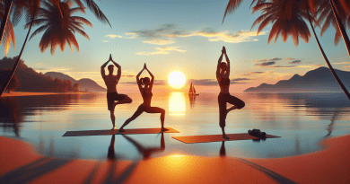 Sport en Y : Yoga sur la plage au coucher du soleil avec trois personnes pratiquant différentes postures.
