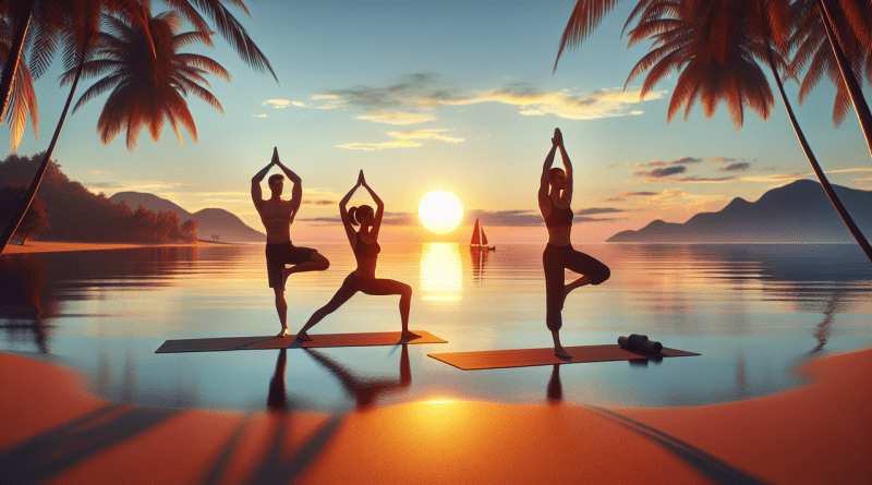 Sport en Y : Yoga sur la plage au coucher du soleil avec trois personnes pratiquant différentes postures.
